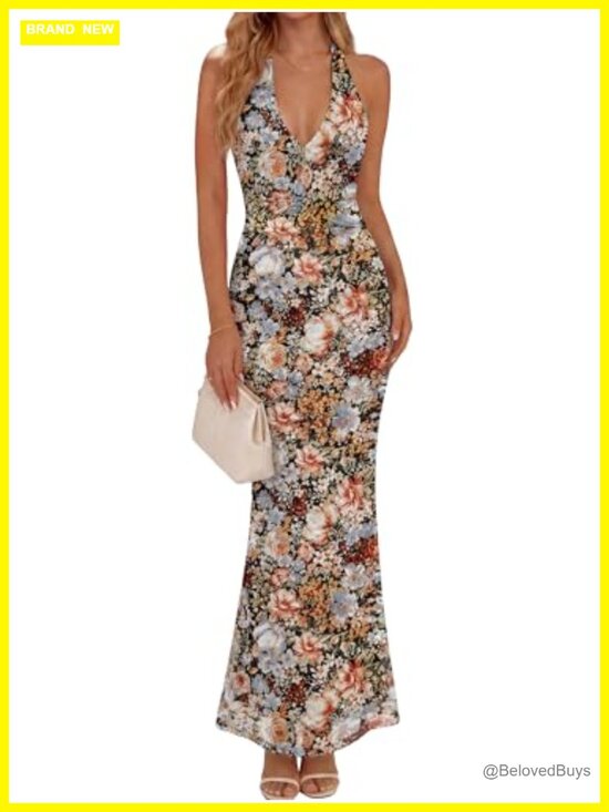 Dresses & Skirts - Women's Halter Neck Bodycon Maxi Dress Floral Mesh Formal Wedding Guest